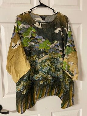 T12a- CITRON SANTA MONICA Japanese Scenic View ARTSY Flying Crane SILK Tunic Top
